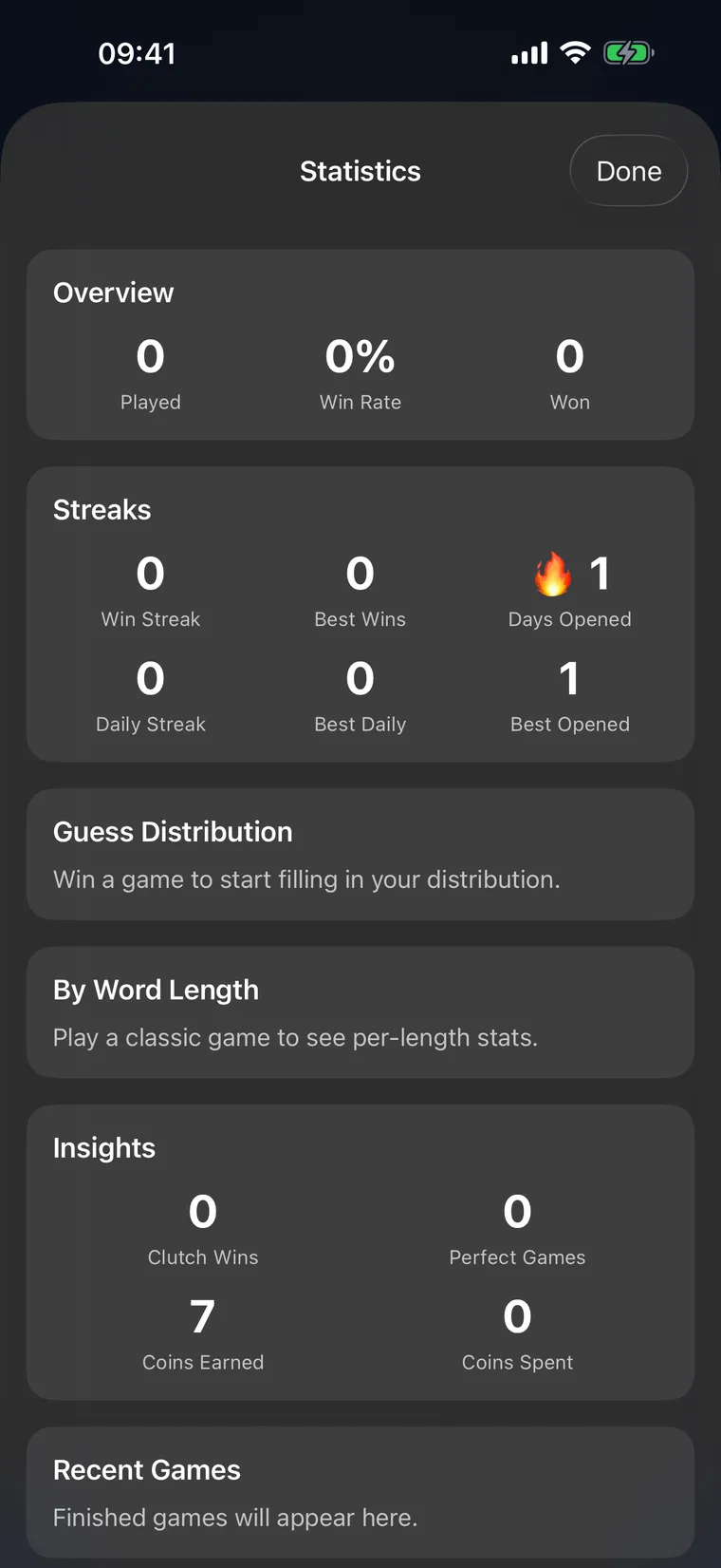 Statistics screen in Word Challenge showing streaks, win rate, and guess distribution